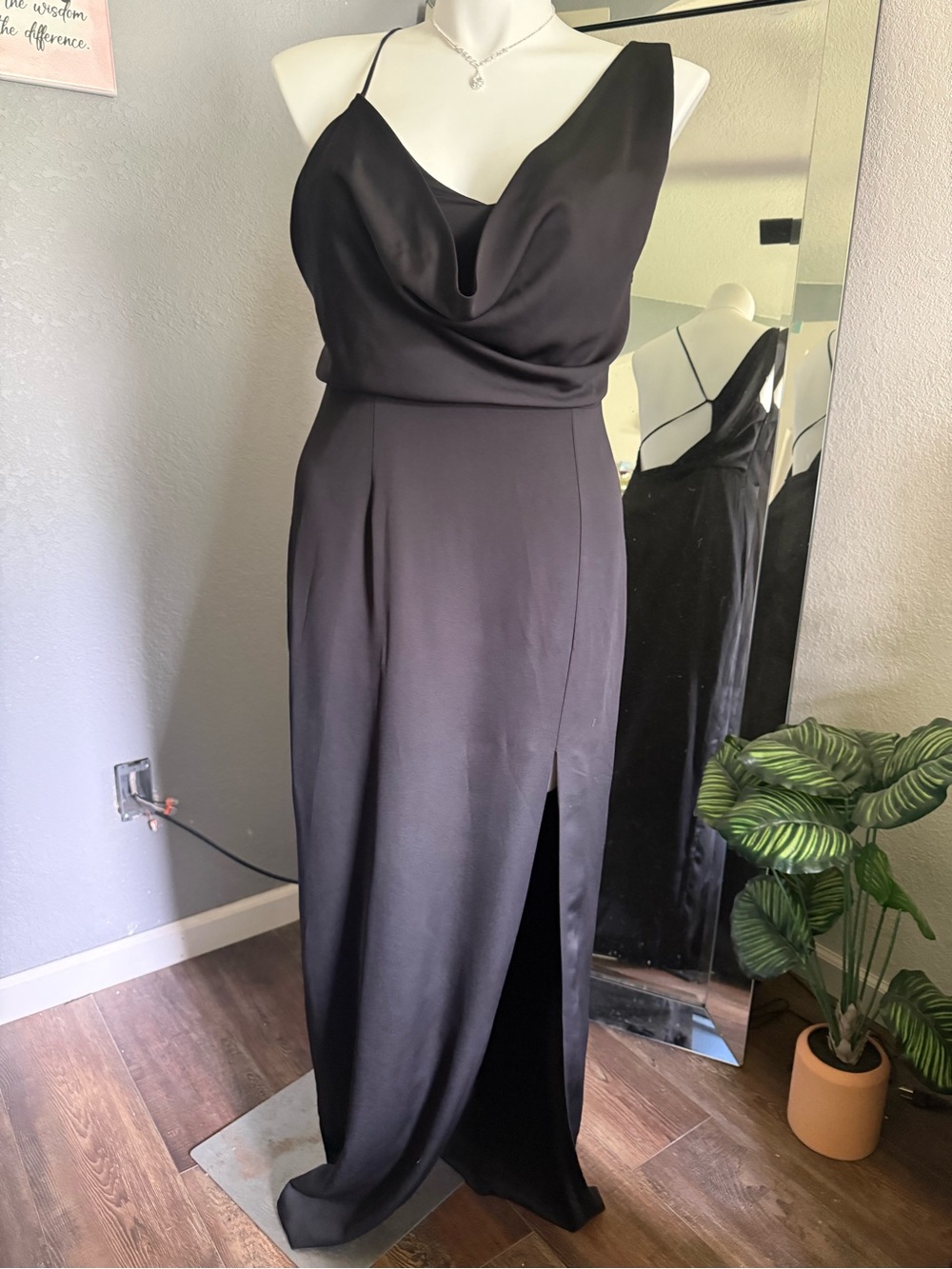 Lulu's Black Satin Cowl Neck Maxi Dress with Side Slit